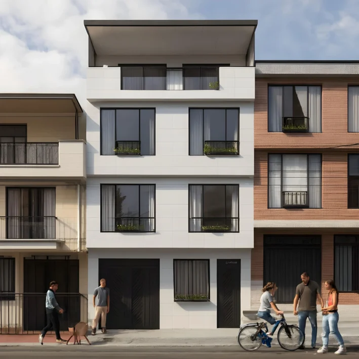 Vista frontal de una de las casas del proyecto residencial.