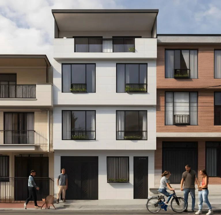 Vista frontal de una de las casas del proyecto residencial.