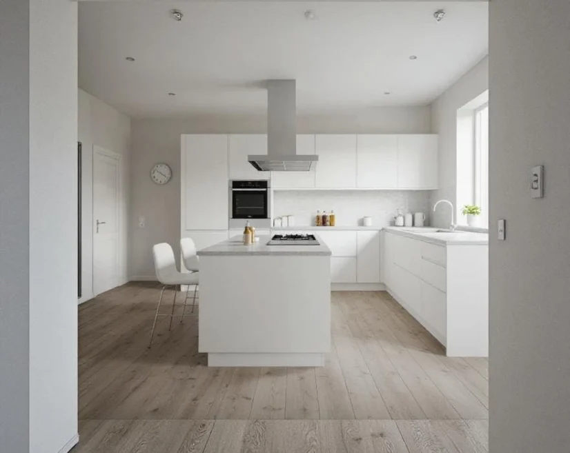 Cocina integral personalizada construida por Construcciones Tapias en proyecto residencial.