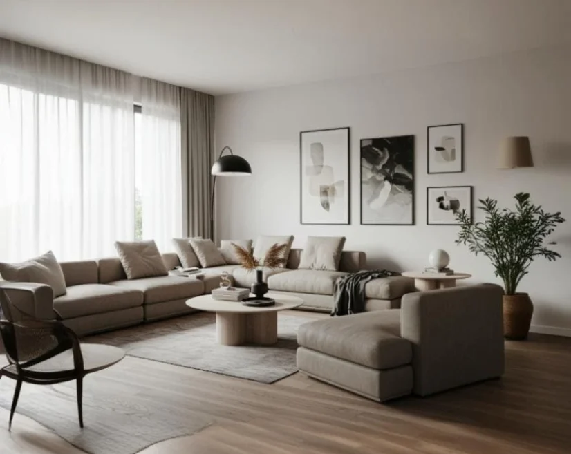 Zona social familiar dentro de la vivienda de tres pisos, con diseño espacioso y funcional.