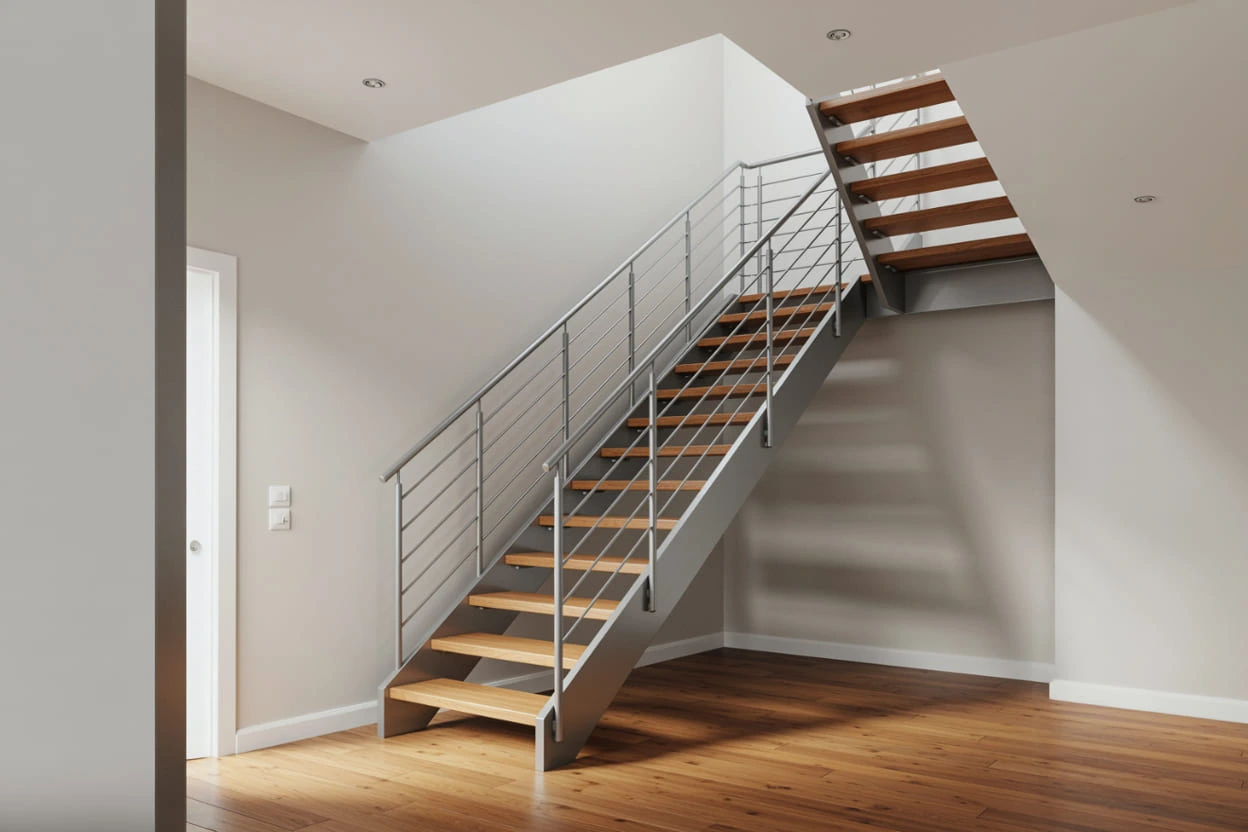 Escalera metálica con pasos de madera, parte del interior del proyecto de vivienda de tres pisos.